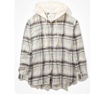 American Eagle Outfitters Oversized Hoodie Flannel - Cream and Gray